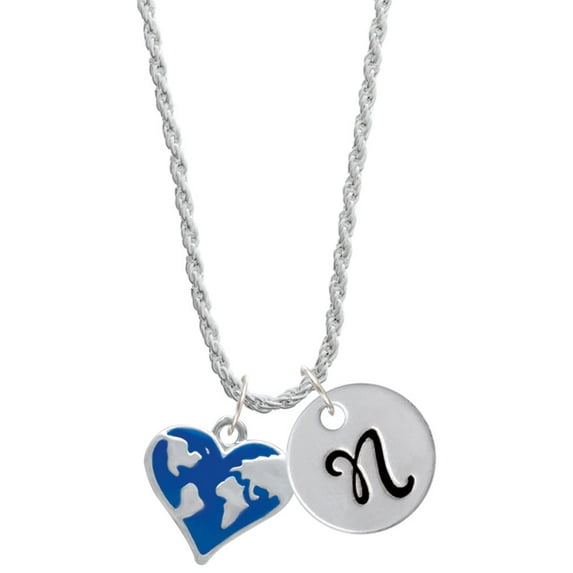 Delight Jewelry Silvertone Enamel Earth Heart Silvertone Script Initial Disc - N - Charm Necklace, 20"+3"
