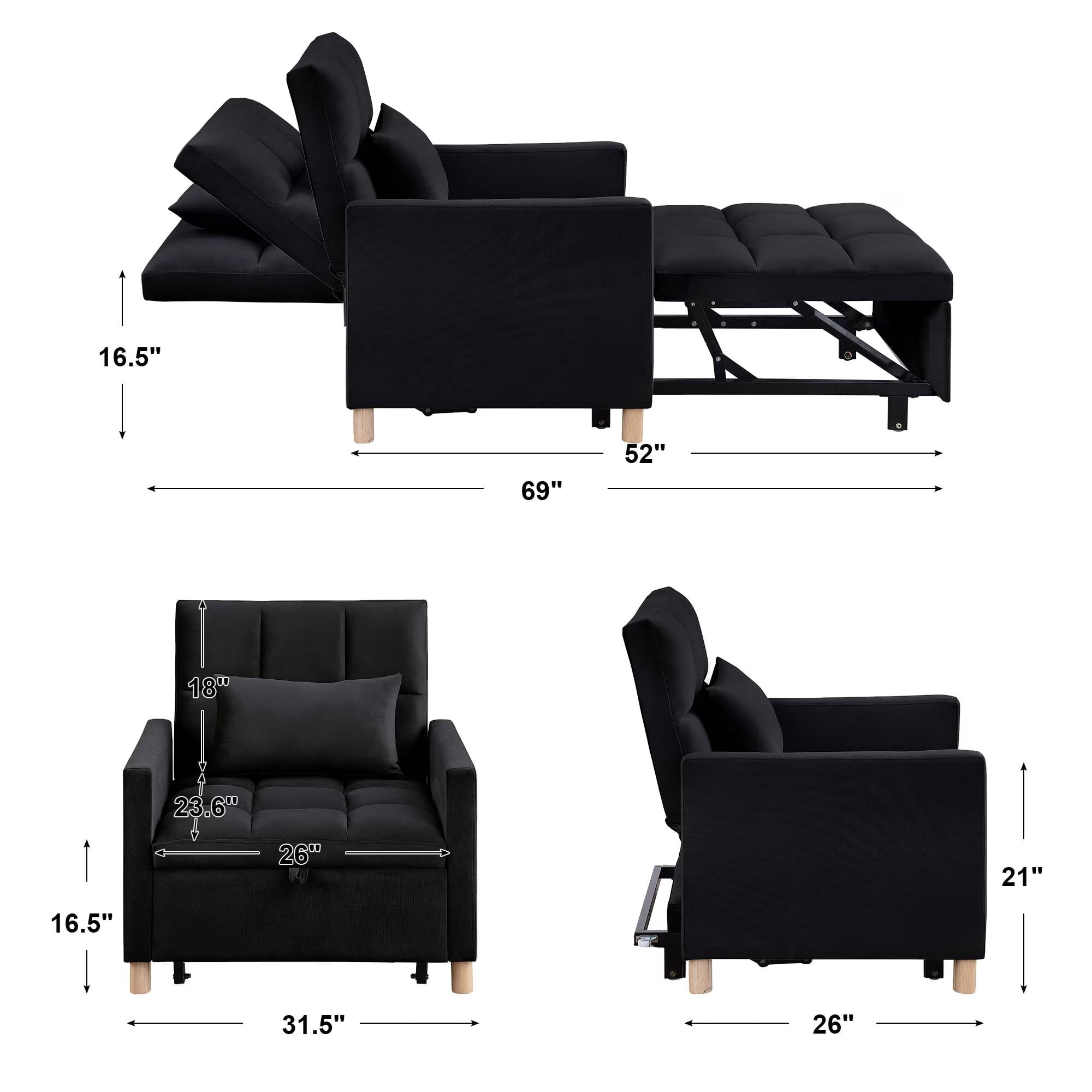 3-in-1 Convertible Single&nbsp;Sofa Chair Bed,Sleeper Sofa Chair Bed with Pillow,Multi-Functional Sleeper Chair, Black