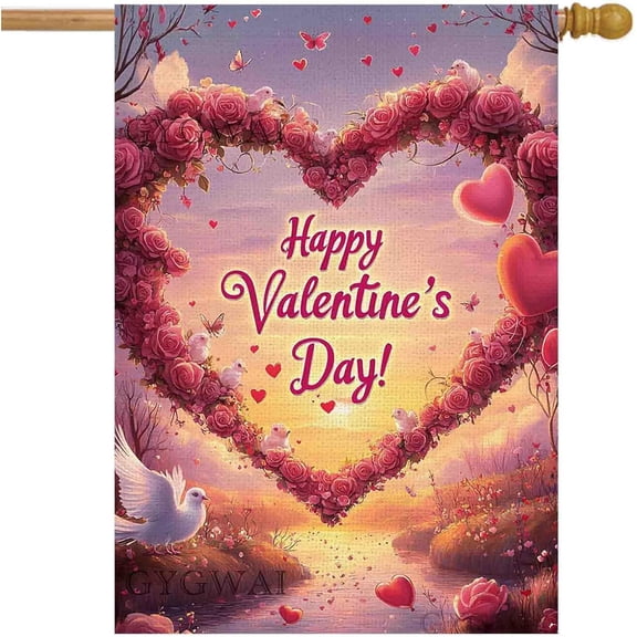Happy Valentines Day Hearts House Flag 28x40 Inch Double Sided Burlap Valentine Flags for Valentine''s Day Decoration