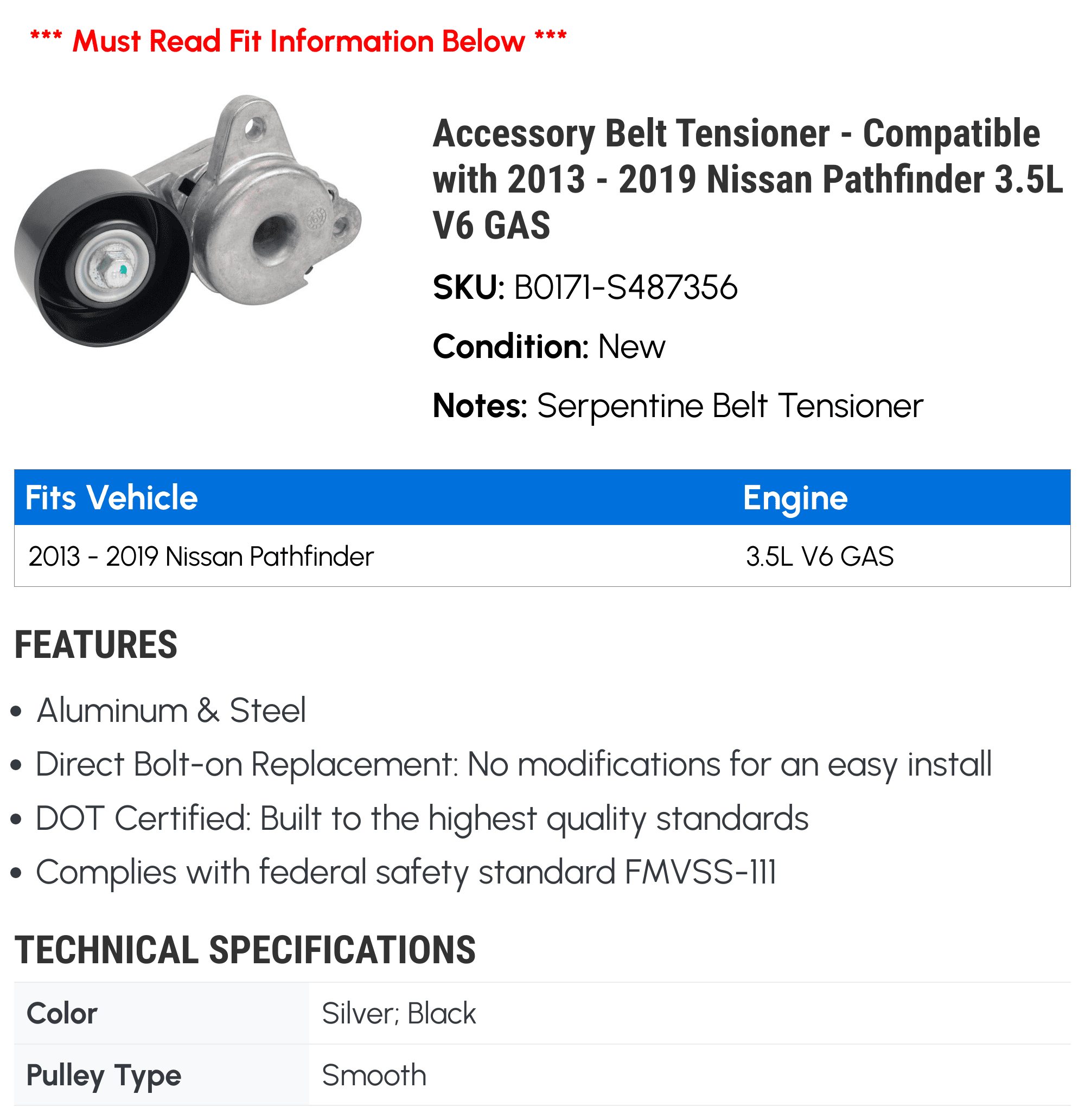 Accessory Belt Tensioner - Compatible with 2013 - 2019