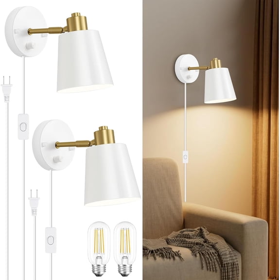 Plug in Dimmer  Wall Sconces Swing Arm Light Fixtures Wall lamps with 5.45ft Plug in Cord Dimmer Knob Switch E26 Base for Bedroom Bathroom Kitchen (2 Bulbs Included)