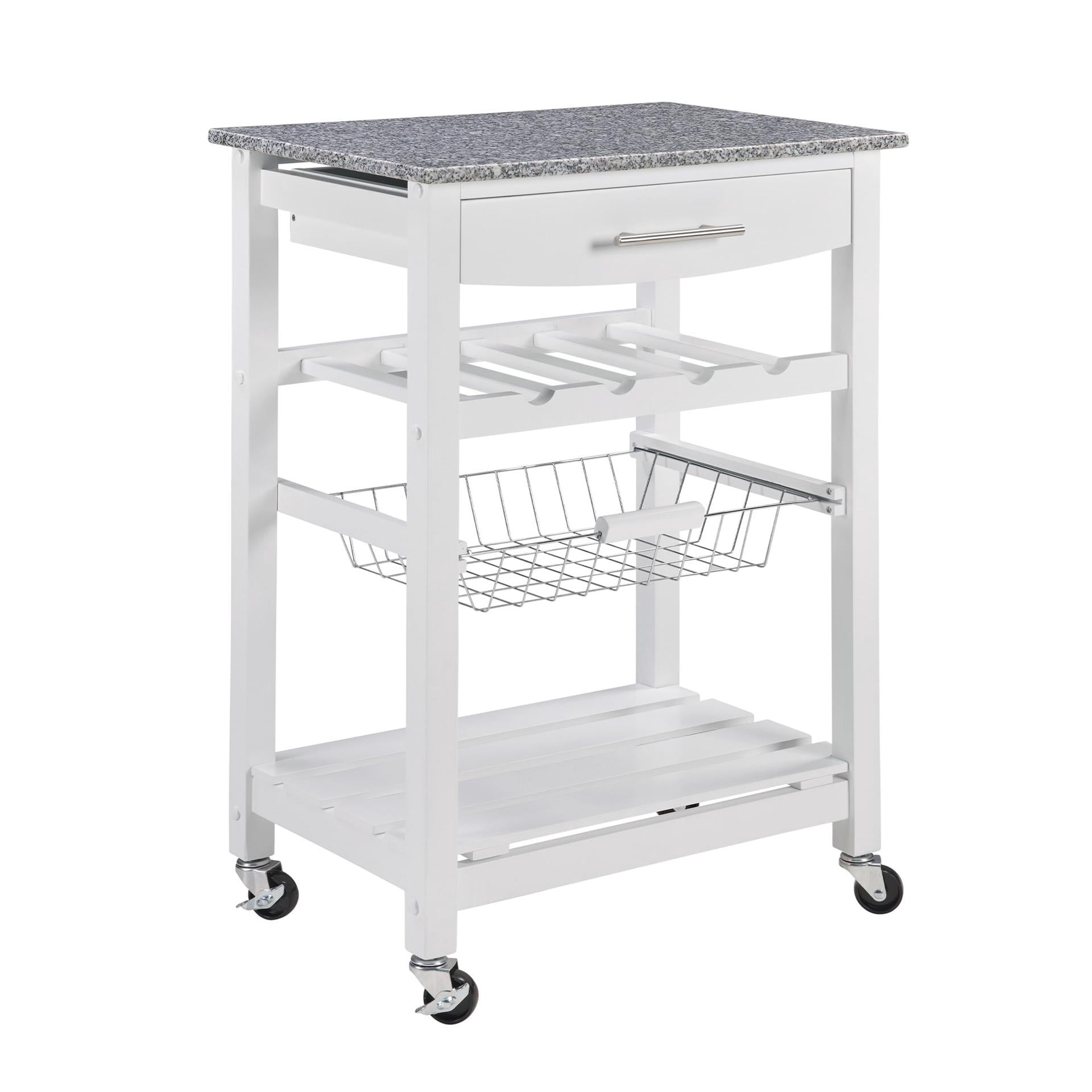 Mobile Rolling Kitchen Island Trolley Serving Cart with Underneath Drawer & Slide-Out Wire Storage Basket