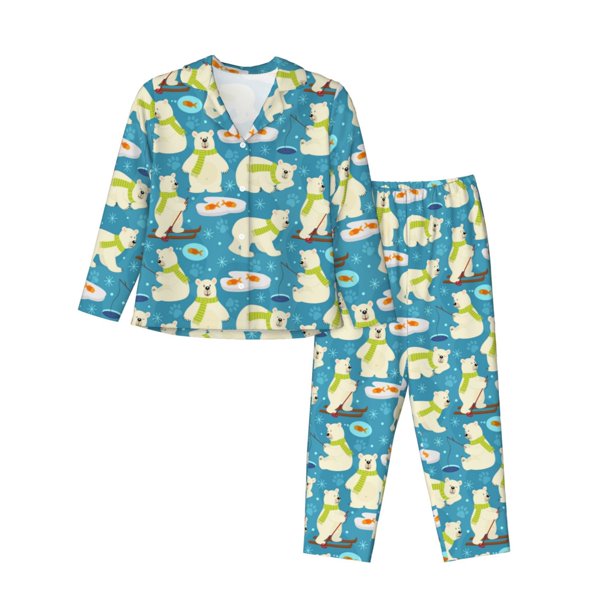 Balery Cute Polar Bear Fishing Conjunto de Pijama con Estampado para Mujer, Conjunto de Dos Piezas con Manga Larga, Ropa de Dormir Suave con Bolsillos, Pijamas Cómodos-X-Large