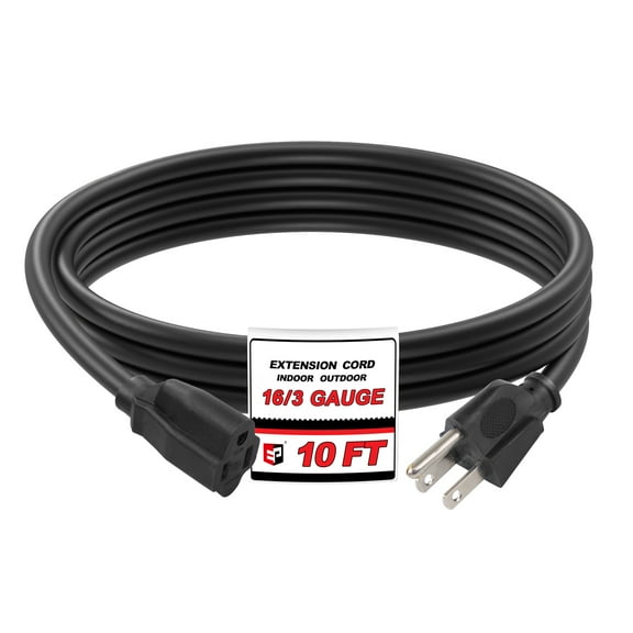 EP 10 Ft 16/3 SJTW Black Outdoor/Indoor Extension Cord, Durable Electrical Cable, 16 Gauge 3 Prong Extension Cord