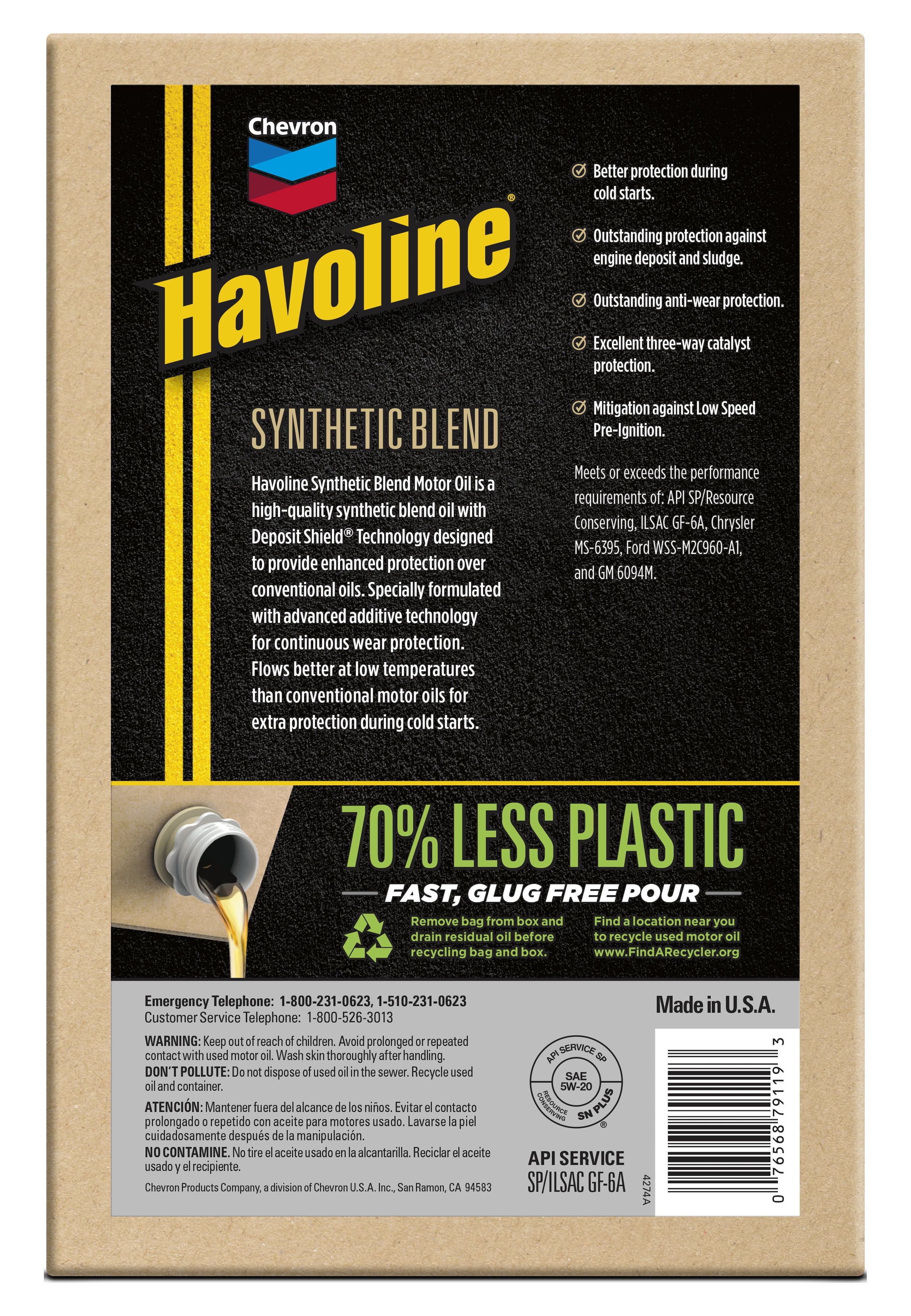 Chevron Havoline Synthetic Blend Motor Oil 5W-20, 6 Quart, Smart Change Box
