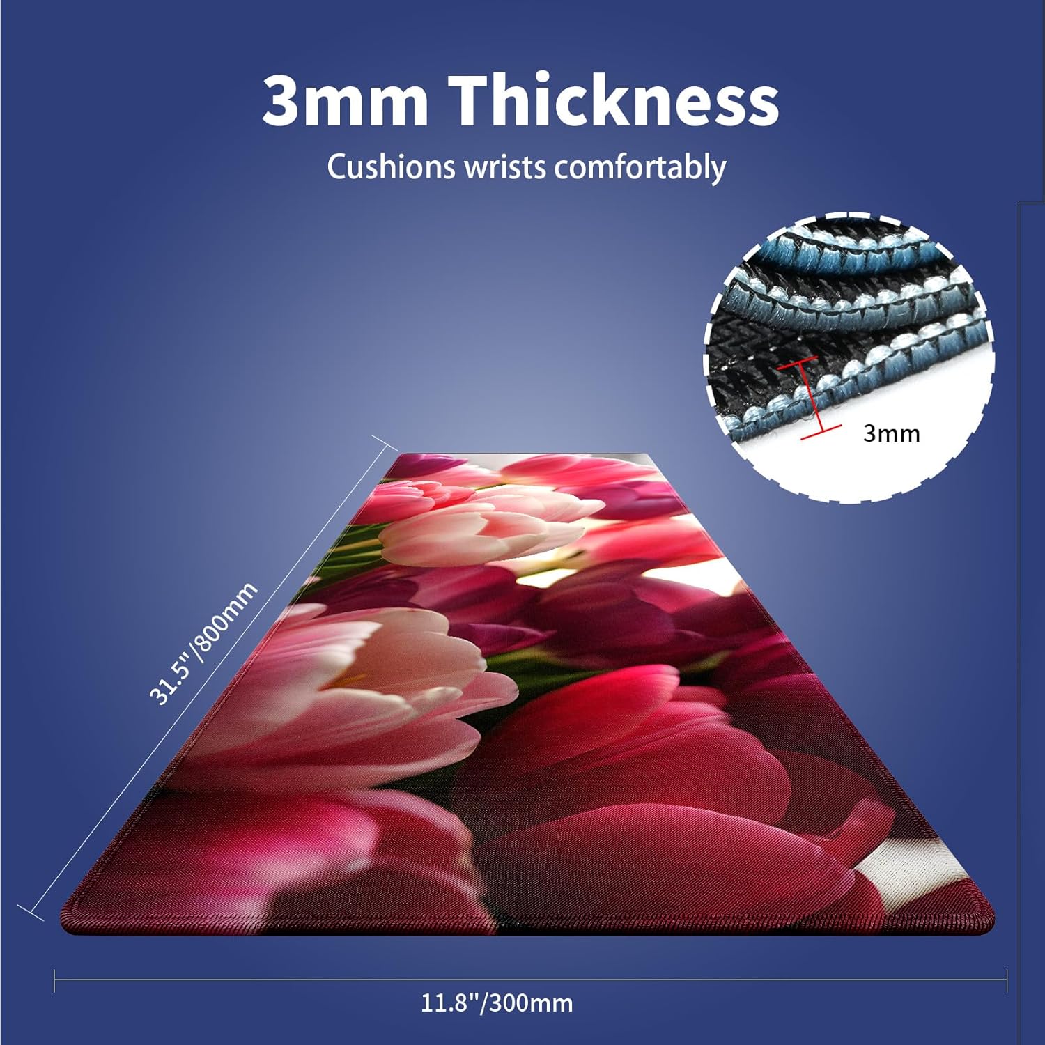 Extra Large Gaming & Office Mouse Pad (31.5" x 11.8") with Durable Stitched Edges – Bouquet of Tulips Flowers Pink and Purple Blossoms Girly Floral Close-up, Anti-Slip Extended XXL Desk Mat