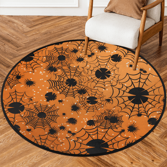 CURLYOOT Round Rug 3ft Halloween Web Area Rug, Washable Circle Mat Non Slip Floor Carpet Mat, Orange Soft Indoor Rugs for Entryway Living Room Dining Room Bedroom