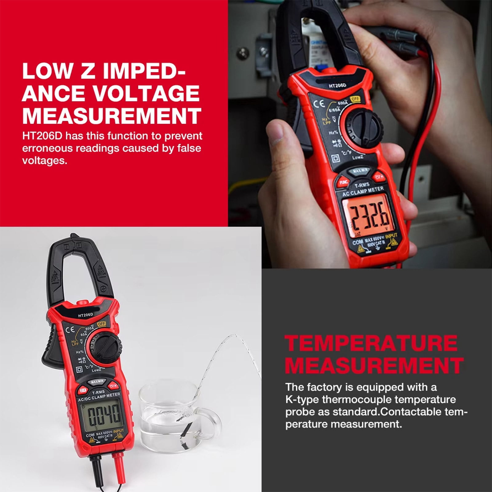 RYUJNDK HT206D Digital Clamp Meter for Voltages Current Resistance Capacitance Frequency Temperature Testing with Bag