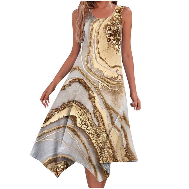 Penkiiy Robe pour Femmes Décontractée à Imprimé Floral Ourlet Haut-Bas Boho Robe d'Été Col Rond Sans Manches Robes Décontractées Maison Midi S Marron