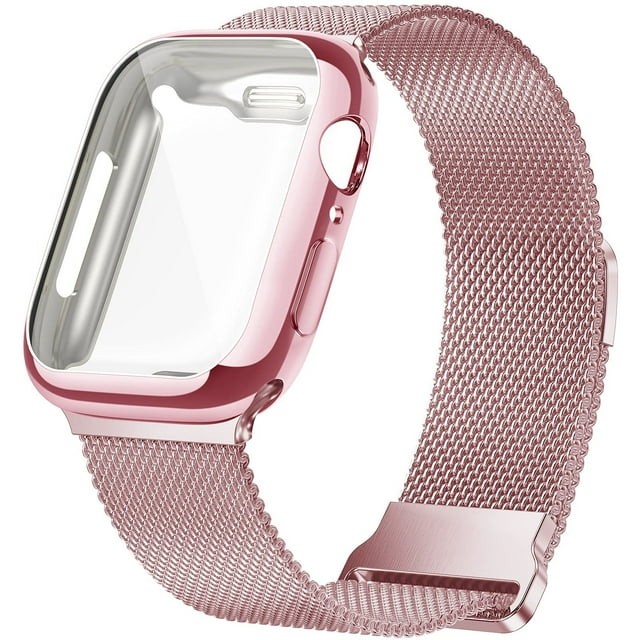 LEIXIUER Compatible with Apple Watch Band 41mm Milanese Band with Screen Protector Case for Apple Watch Series 7 - pink gold