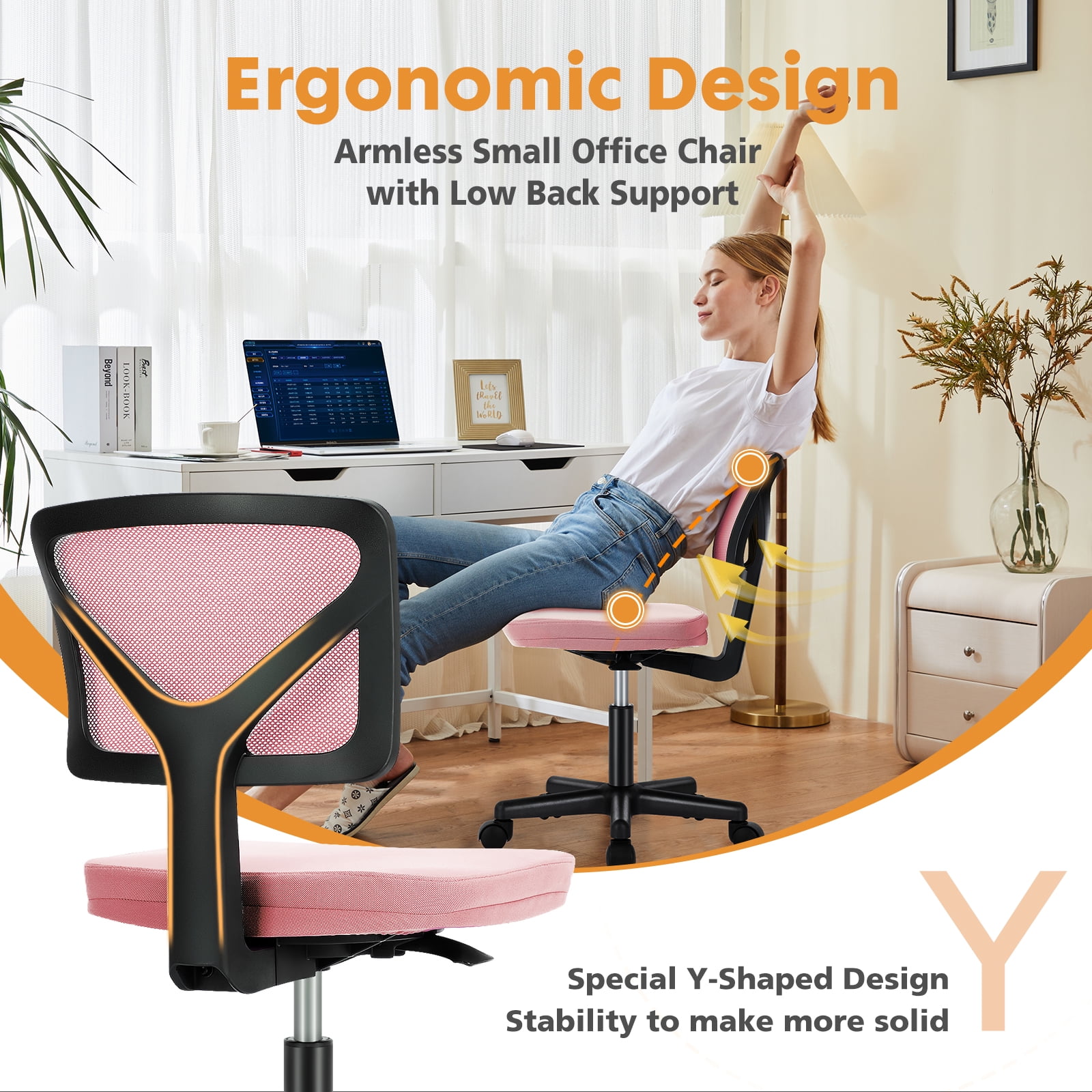 CONCETTA Ergonomic Home Office Mesh Desk Chair, Small Space, Armless Rolling Chair for Adults, Pink
