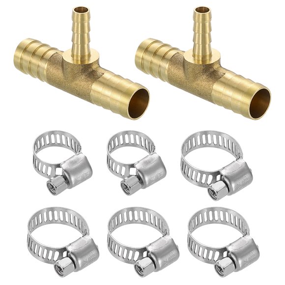 2pack Brass Hose Barb Fittings, 3-Way Tee 1/2" Barbed x 1/4" Barbed x 1/2" Barbed, with 6pack Hose Clamps