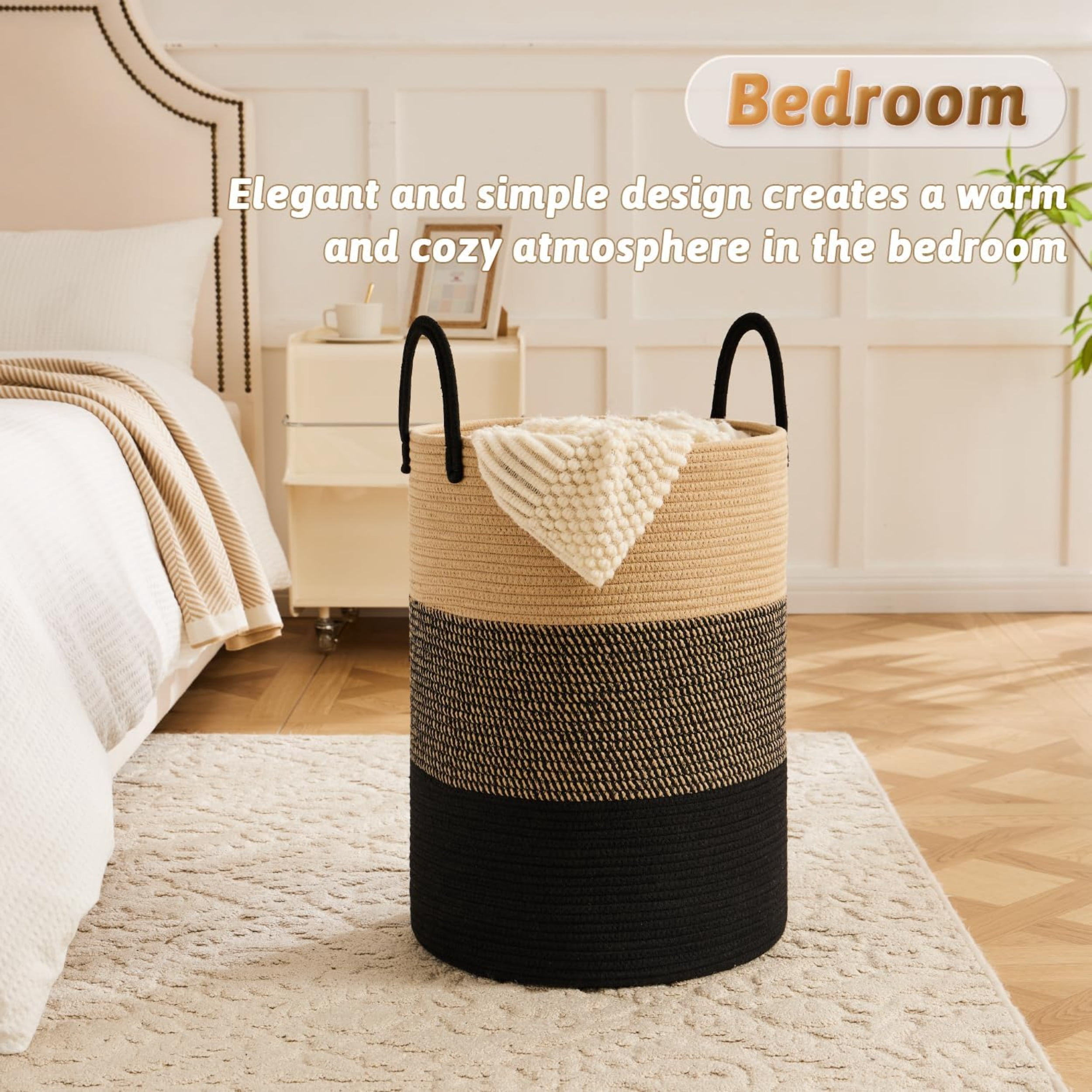 Laundry Basket, Woven Cotton Rope Laundry Hamper, Decor Storage of Dirty Clothes, Toys and Blankets in Bathroom, Baby Room and Living Room