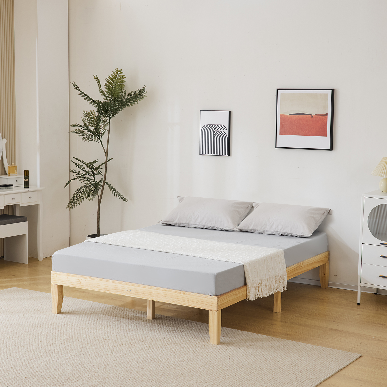 Wooden Bed Basic Bed Frame Solid Wood Color Queen, 206*151*30.5cm