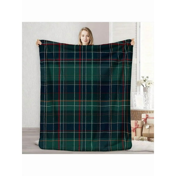 Plaid Tartan Pattern Fleece Blanket - Cozy Soft Throw Blanket For Couch, Bed, Or Outdoor Use - Green And Navy Checkered Design With Red Accents - Perfect For Home Decor Or Gift