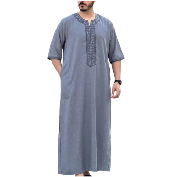 DAFPZW Mens Embroidery Moroccan Thobe Men Muslim Mogadishu Djellaba Robe Islamic Jubba Prayer Kaftan Islamic Arabic Abaya