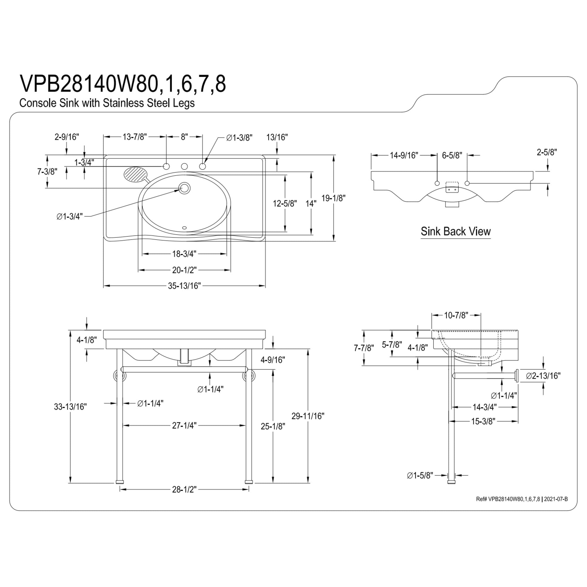 Kingston Brass VPB28140W81 Bristol 36" Ceramic Console Sink with Stainless Steel Legs (8-Inch, 3-Hole), White/Polished Chrome