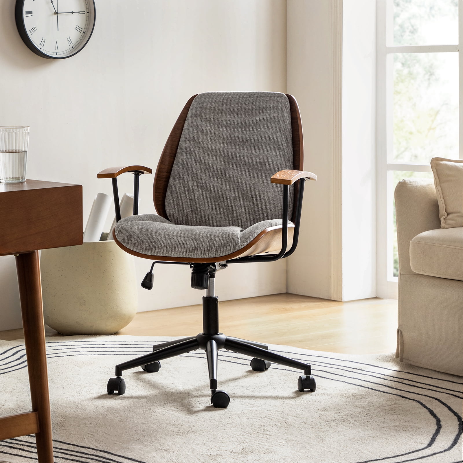 Ergonomic Adjustable Swivel Office Chair with Solid Wood Backrest and Premium Comfort Tan Cushion for Home Workplace