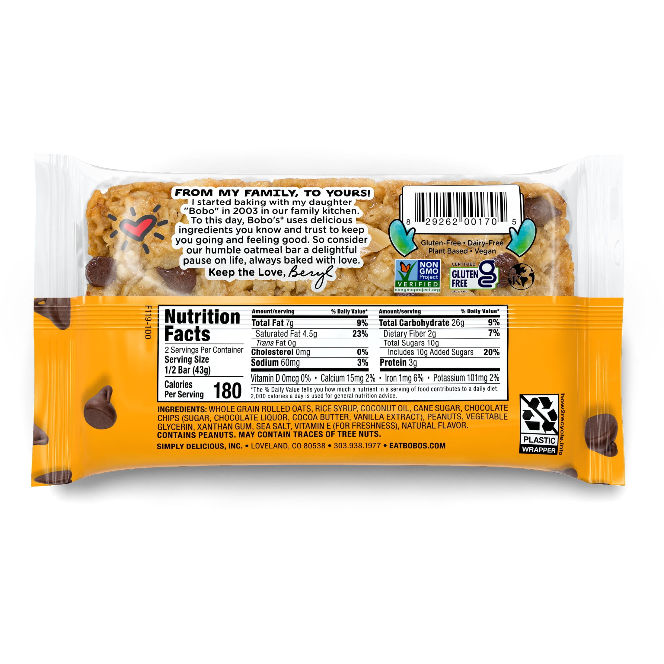 Bobo's Oat Bars, Peanut Butter Chocolate Chip, 4 pack of 3 oz Bars, Eco-Friendly Packaging