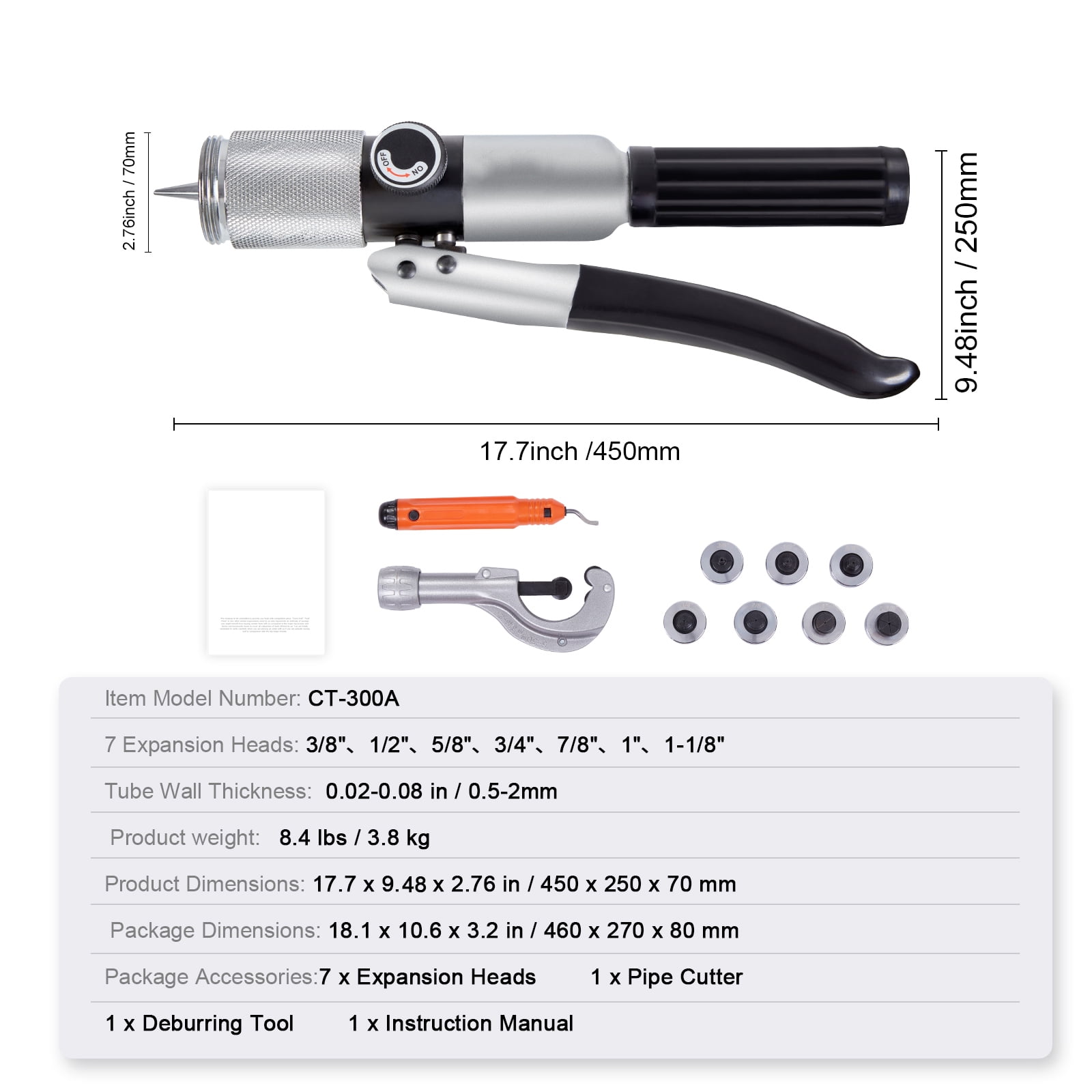 KFFKFF Hydraulic Tube Expander, 3/8" to 1-1/8" OD, HVAC Swaging Tool with 7 Expander Heads, Deburring Tool, Pipe Cutter for Copper, Aluminum, Brass, and Soft Steel Pipes
