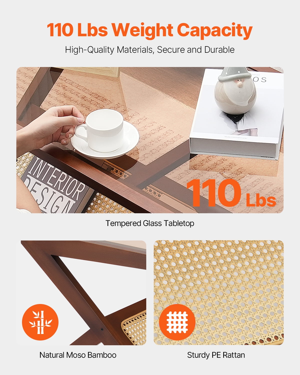 KFFKFF Wicker Coffee Table, Z-Form Wicker Weaved Bamboo Table with Hardened Glass Surface, 47” Contemporary Bohemian Storage Table with Authentic Bamboo Supports, for Lounge, Sleeping Quarters