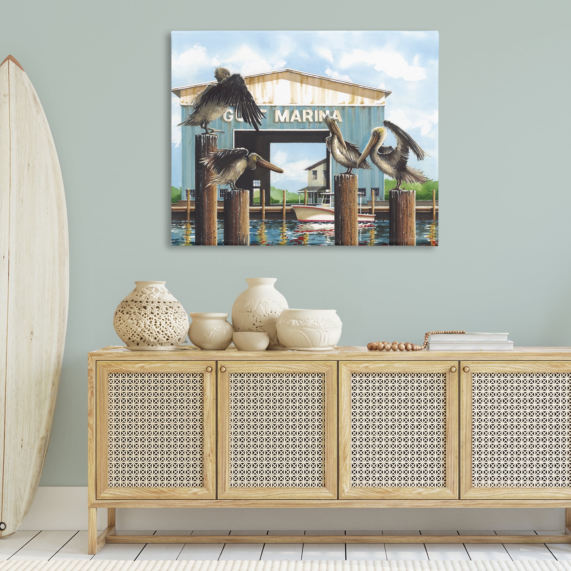 Stupell Industries Boat Marina Pelicans Nautical & Beach Painting Wrapped Canvas Art Print Wall Art, 48 x 36