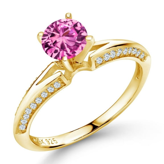 Gem Stone King 1.58 Ct Round Pink Created Sapphire 18K Yellow Gold Plated Silver Ring (Size 9)