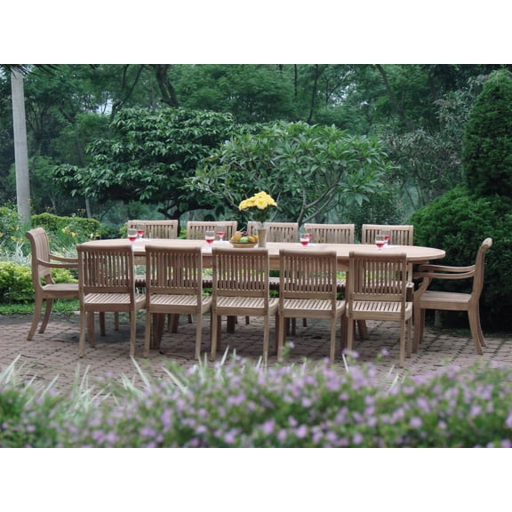 Teak Dining Set:12 Seater 13 Pc - 117" Double Extension Oval Table 10 Armless and 2 Giva Arm / Captain Chairs Outdoor Patio Grade-A Teak Wood WholesaleTeak #WMDSGV12