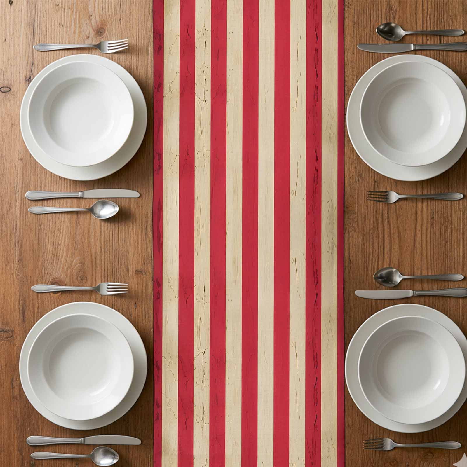 Vintage American Flag Table Runner-70 Inch Long Red White Striped Table Runners Linen Burlap Tablerunner for Kitchen Dining Room Holiday Party