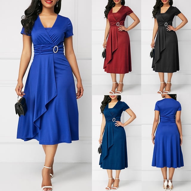 Farfi Fiesta Mujeres Plus Tamaño Color Sólido Manga Corta Cuello Vestido Midi Asimétrico Vino Vino Rojo Farfi Vestido