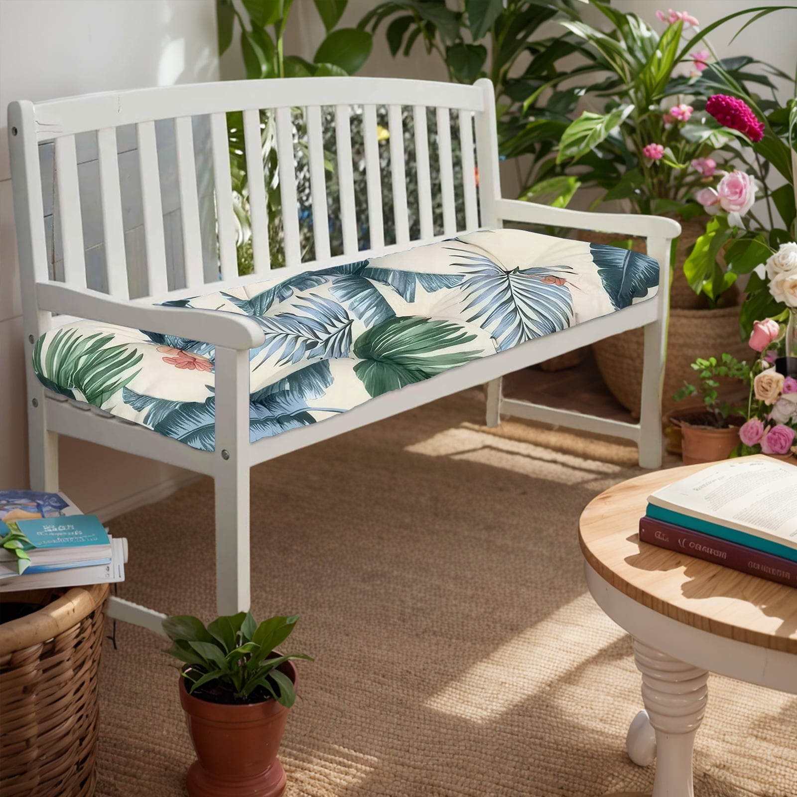 Eurhowing Thick Outdoor Bench Cushion, 52"x20"x4" Waterproof Fade-Resistant Porch Swing Cushions with Ties, High-Density Patio Garden Furniture Cushion, Hawaiian