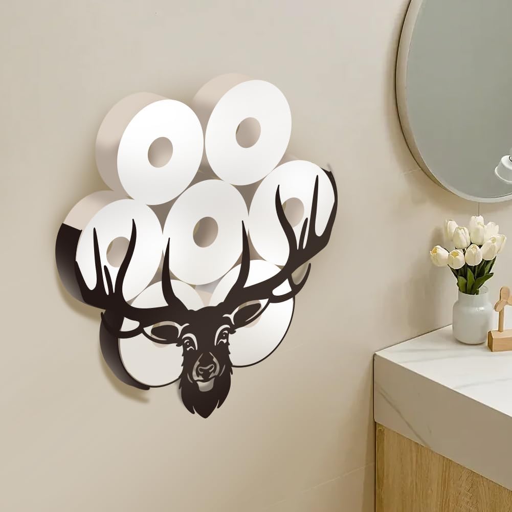 Black Deer Head Toilet Paper Roll Holder Iron Antler Toilet Paper Storage Shelf Cute Animal Toilet Paper Cabinet Deer Bathroom Wall Mounted Toilet Paper Organizer