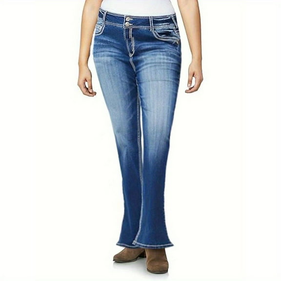 Large Women'S Mid Waist Elastic Flared Jeans, Casual Flared Pants, Vintage Denim Pants