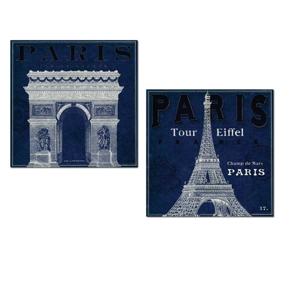Beautiful Blueprint Paris's Eiffel Tower Arc De Triomphe Landmark Set by Sue Schlabach; Two 12x12in Unframed Paper Posters. Blue/White