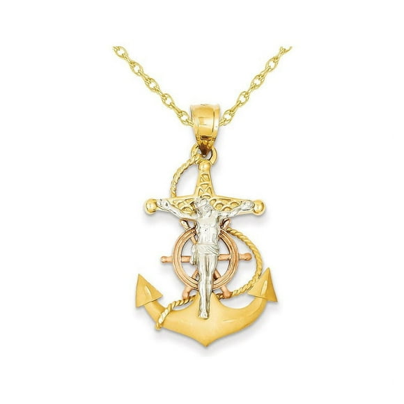 14K Yellow, White and Pink Gold Mariners Cross Pendant Necklace with Chain