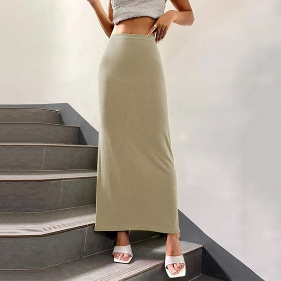 absuyy Skirts for Women Long Plus Size Elastic Waistband Slim Casual Solid Color Comfort Bodycon Skirt Beige Size S