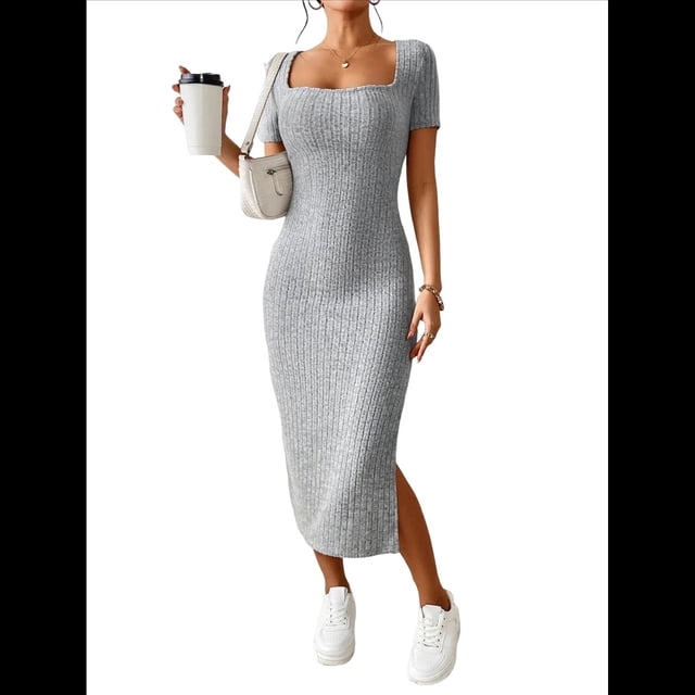Vestido de Verano 2025 para Mujer, Ajustado, de Corta, Acanalado, con Abertura Lateral, de Punto y Cuello Cuadrado Gris S