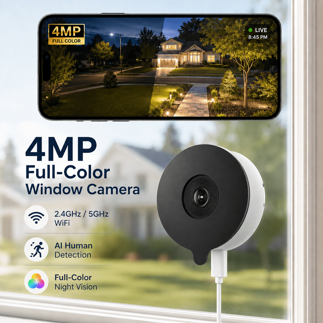YesPano Y661 2K WiFi Window Security Camera, Indoor Mount for Outdoor Monitoring, Anti-Glare Color Night Vision, 24/7 Recording, Motion Alerts