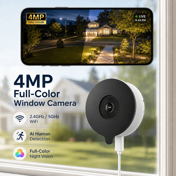 YesPano Y661 2K WiFi Window Security Camera, Indoor Mount for Outdoor Monitoring, Anti-Glare Color Night Vision, 24/7 Recording, Motion Alerts