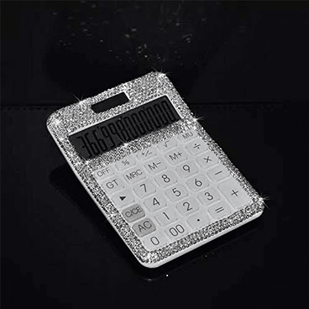 3X Rhinestone Crystal Dazzling 12 Digit Solar and Battery Dual Power ,LCD Display Calculator for Office, School White