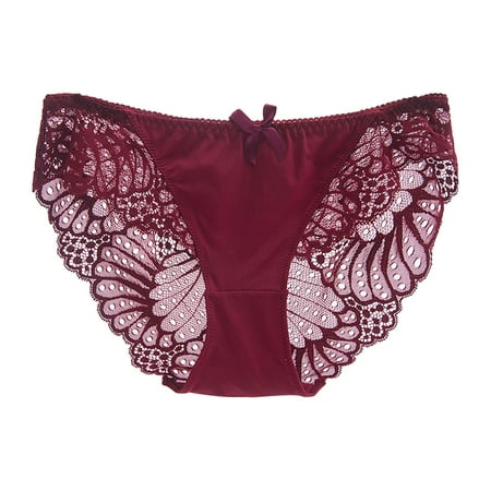 Bigersell Lace Panties for Women High Cut Lace G-String Thong Underwear Mesh Floral Lace Lingerie Bikini Panties Womens Underpants Wine XXL