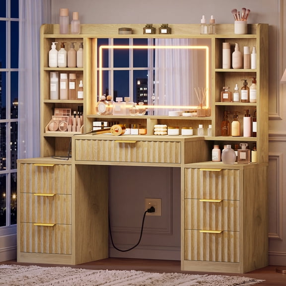 TEENFON Vanity Set with Mirror & Lights, Makeup Vanity Desk with 7 Drawers and 8 storage shelves, Vanity Table with Power Outlet, For Bedroom, Natural