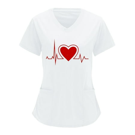 

Ecqkame Women Scrubs Top Clearance Women V-neck Solid Color Overalls Partial Positioning Printing Short Sleeve Working Uniform Tops White XL