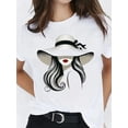 thumbnail image 6 of Women's White Cotton T-Shirt with Chic Straw Hat & Red Lips Print - Loose Fit Round Neck Short Sleeve Casual Top for Summer Parties & Daily Wear, Ladies T Shirts, Breathable Fabric, Weekend Style, 6 of 10