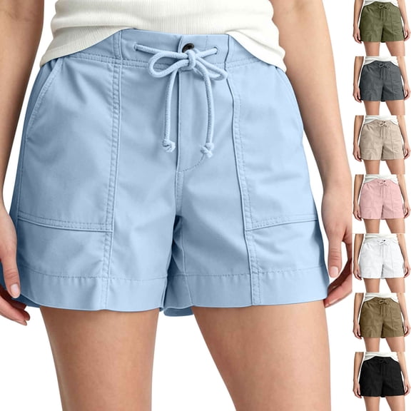 Women's Solid Lightweight Drawstring Casual High Waist Hiking Shorts Summer Workout Shorts With Pockets, Polyester | UKHCCC,Black L