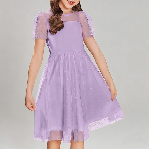 Girls Dress Puffy Short Sleeve A Line Casual Party Dress Summer Dresses for Girls 9-10 Years