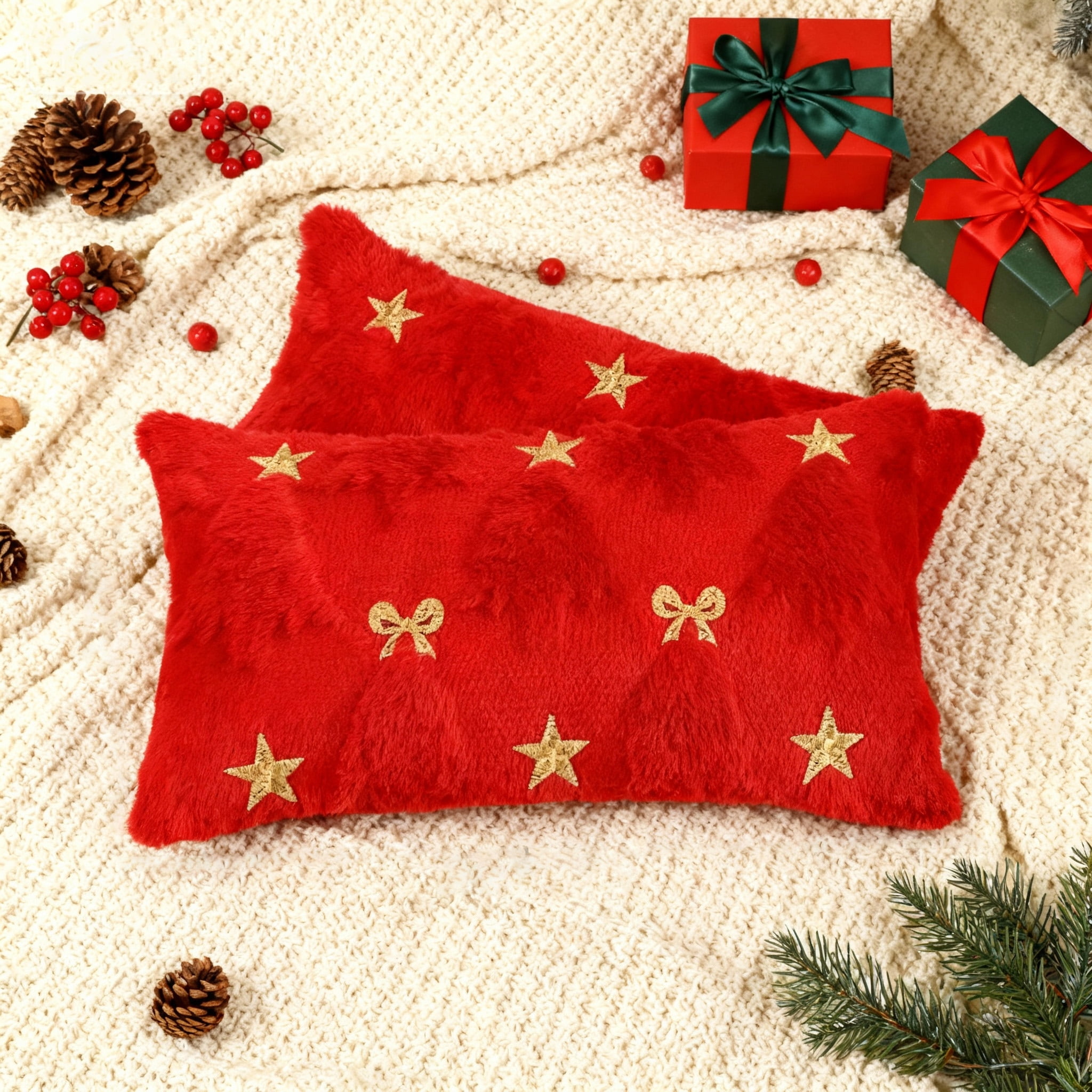 Gynky Christmas Tree Throw Pillow Covers Set of 2, 12"x20" Soft Fluffy Boho Pillowcases Home Decor Winter Holiday Cushion Cases for Sofa Couch Bedroom Living Room Xmas Decoration, Red