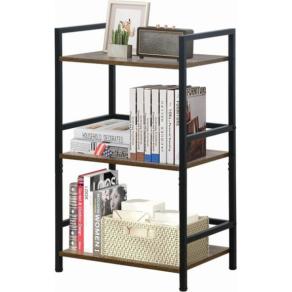 and Office - Rustic Brown - 3 Tier Industrial Short Bookshelf - Bedroom - Bookshelf - Metal Open Rack Bookcase for Living Room