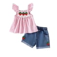 thumbnail image 1 of yocbz Girls Summer Clothes Girls' Summer Baby Dress With Strawberry Embroidery Checkered Pattern Frilly Hem Denim Shorts Small Children's Set Cute Pink,18-24 Months, 1 of 6