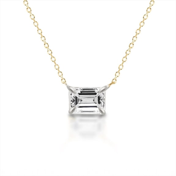 1.00 Ct YG Plated Sterling Silver Emerald Cut Lab Grown Diamond Solitaire Necklace for Women